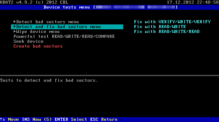 Device tests menu - HDAT2