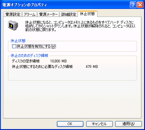 電源オプションのプロパティ - 休止状態